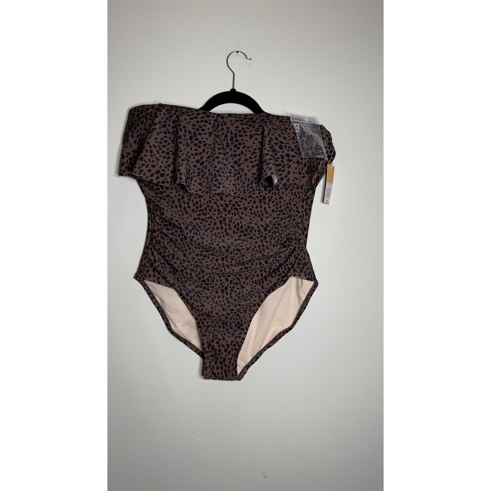 Kona Sol One Piece Swimsuit Size L Large Brown Black Animal Print Ruffle NWT
